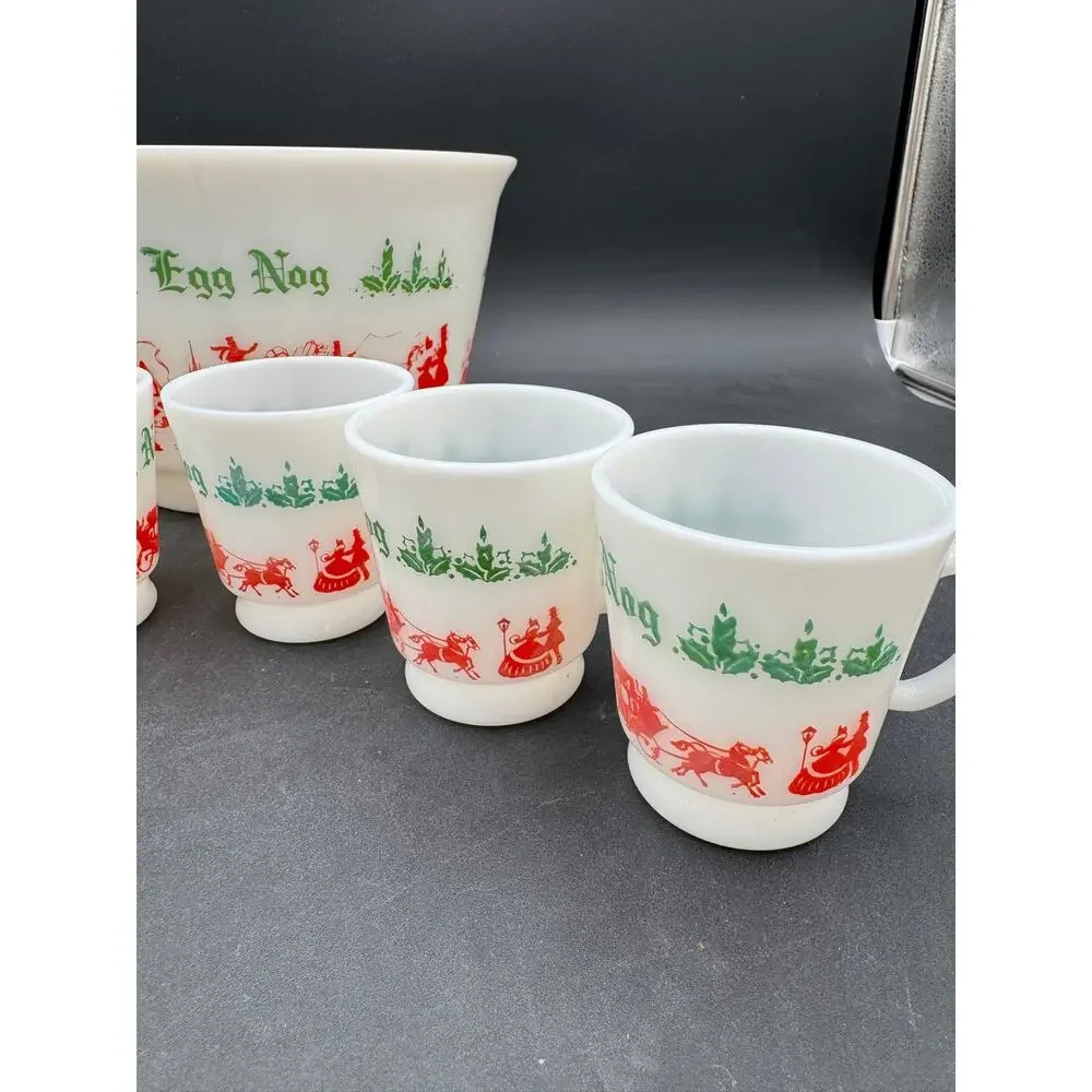 Vintage Milk Glass Tom & Jerry Egg Nog Punch Bowl and Cups Hazel Atlas 7 Pieces